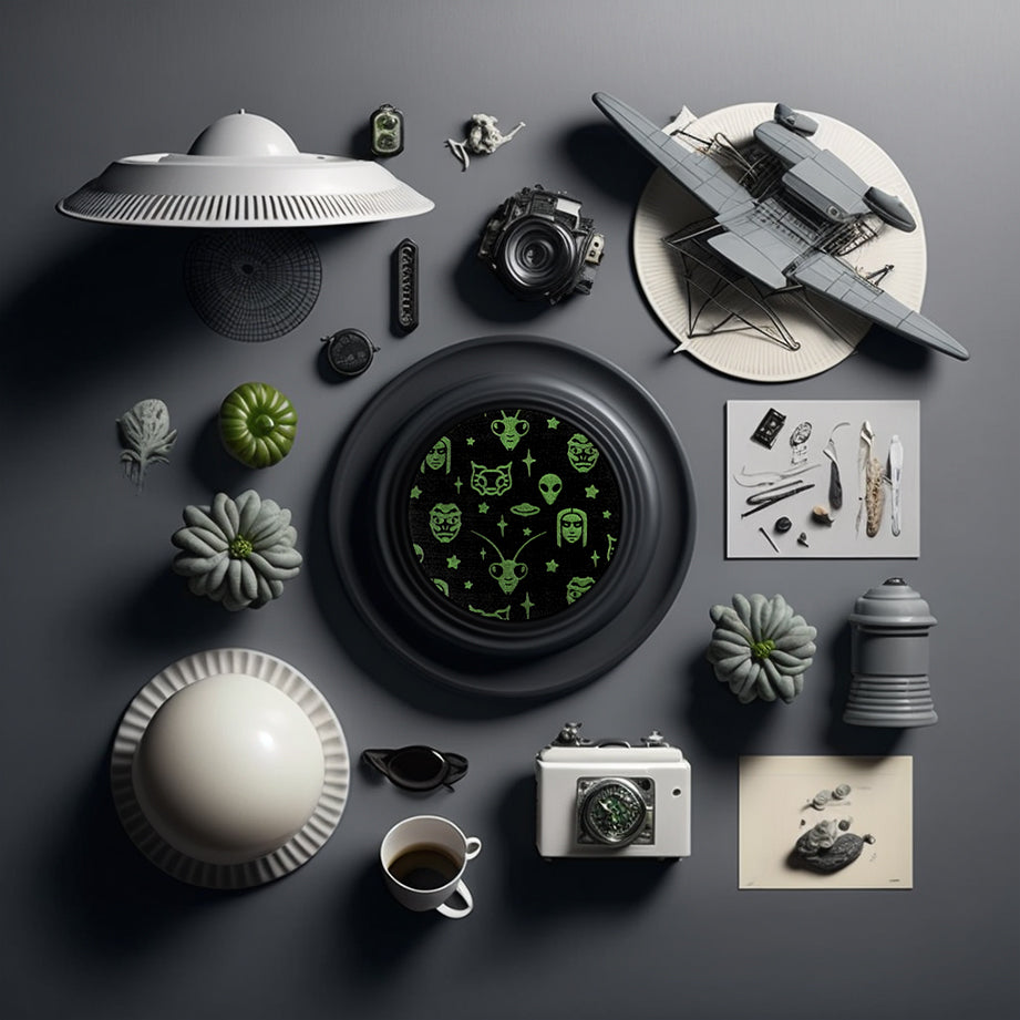 A round black coaster engraved with green aliens and space themed items; grey aliens, nordic aliens, mantis aliens, goblin aliens, stars and a flying saucer. The coaster is on a grey dish framed by flying saucer toys, strange grey gourds, and small metallic tools.
