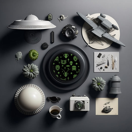 A round black coaster engraved with green aliens and space themed items; grey aliens, nordic aliens, mantis aliens, goblin aliens, stars and a flying saucer. The coaster is on a grey dish framed by flying saucer toys, strange grey gourds, and small metallic tools.