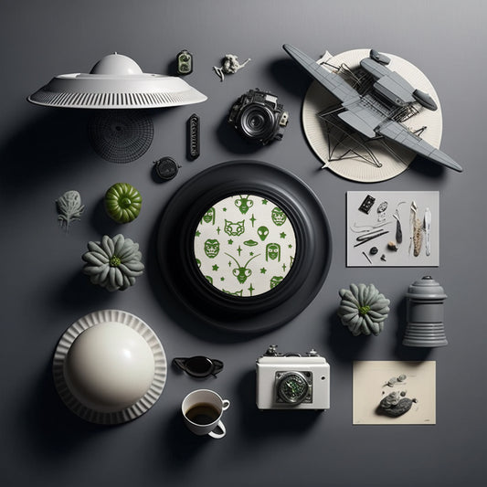 A round white coaster engraved with green aliens and space themed items; grey aliens, nordic aliens, mantis aliens, goblin aliens, stars and a flying saucer. The coaster is on a grey dish framed by flying saucer toys, strange grey gourds, and small metallic tools.