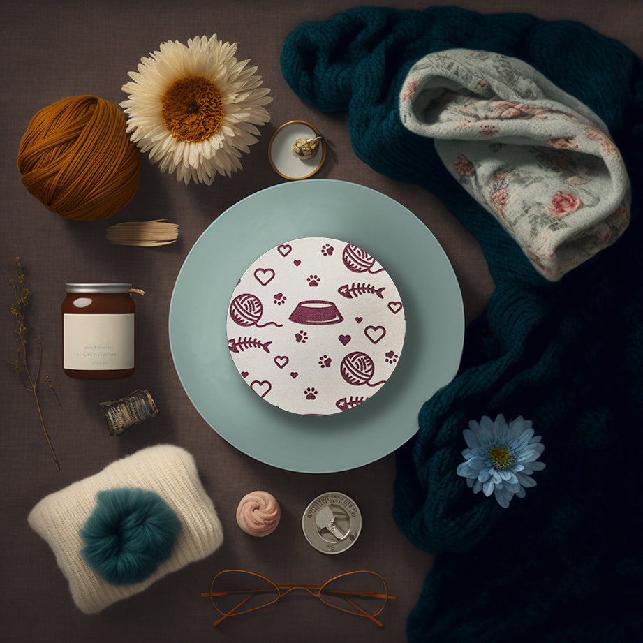 A round white coaster engraved with pink cat themed items; paw prints, a ball of yarn, hearts, a kibble dish, and a fish skeleton. The coaster is on a blue dish framed by a blanket, yarn, flowers, cup of tea, and glasses.