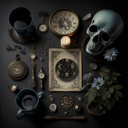 A round black coaster engraved with gold stars, crescent moons, a palm with an eye in it, and crystal balls. The coaster is on an old piece of paper surrounded by a flowering plant, candles, a mug of tea, pocket watches and a skull.