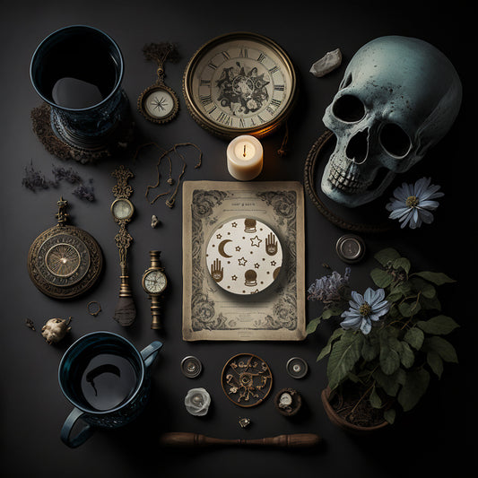 A round white coaster engraved with gold stars, crescent moons, a palm with an eye in it, and crystal balls. The coaster is on an old piece of paper surrounded by a flowering plant, candles, a mug of tea, pocket watches and a skull.