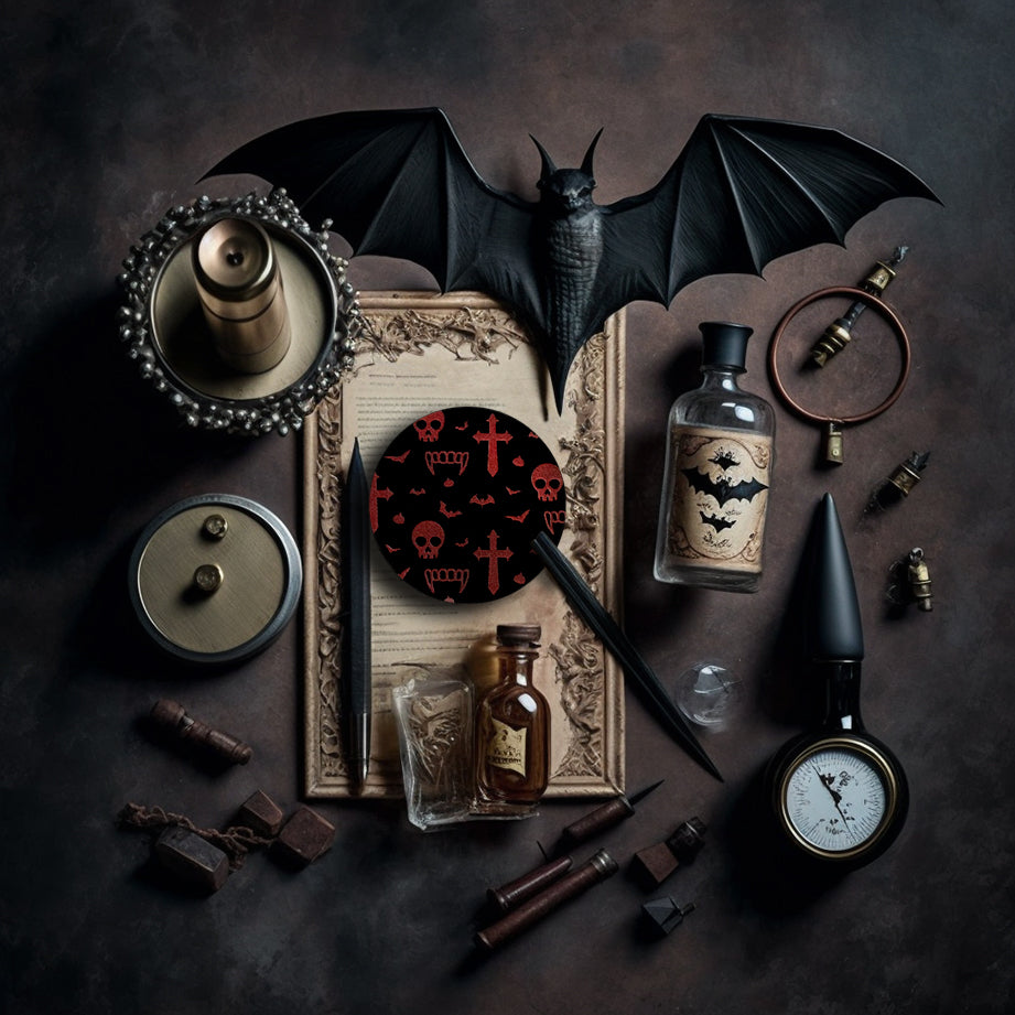 A round black coaster engraved with dark red vampire symbols, including skulls, fangs, garlic, crosses and bats. The coaster is on an old piece of paper surrounded by bats, quills, an old magnifying glass and small glass bottles.