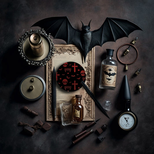 A round black coaster engraved with dark red vampire symbols, including skulls, fangs, garlic, crosses and bats. The coaster is on an old piece of paper surrounded by bats, quills, an old magnifying glass and small glass bottles.