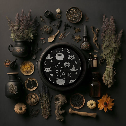 A round black coaster engraved with silver witchy symbols, including a bubbling cauldron, a pointed witch's hat, a crescent moon, a black cat, and a pentacle. The coaster is in a black cauldron, surrounded by small pumpkins, dried flowers, small dishes with dried herbs, and small potion bottles. 